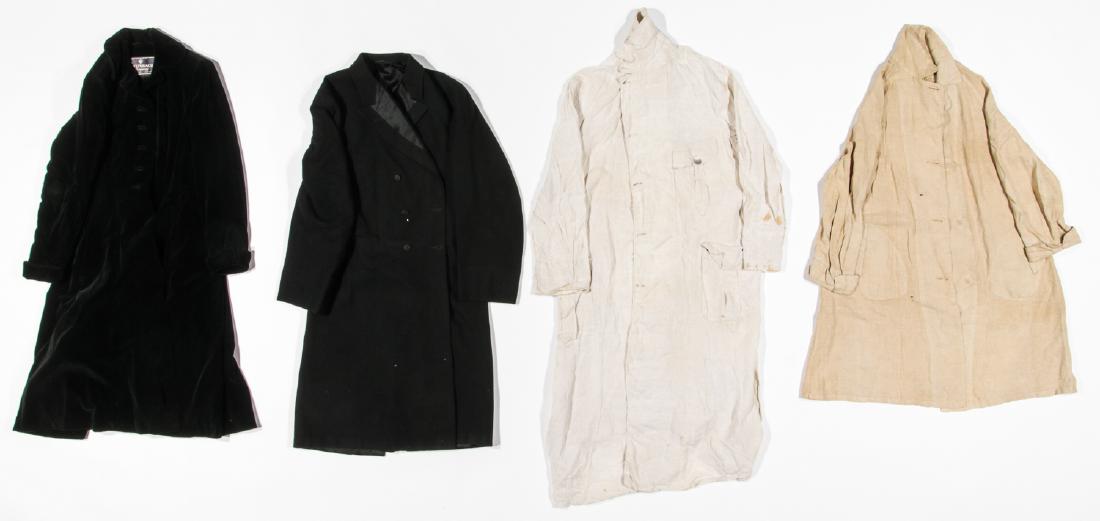 Lot of 3 Antique American Coats: Lot of Antique American Coats including black woman's coat from Steinback & Co., man's topcoat Matthew Rock Fifth Avenue 1907 and 2 linen jackets. Largest size: 49'' x 52'' (124 x 132 cm).