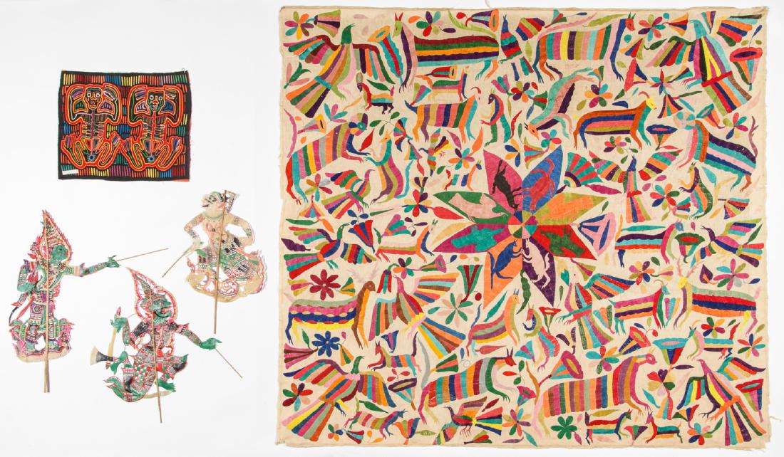 Ethnographic Lot of Textiles and Puppets: Ethnographic Lot of Textiles and Puppets, containing 3 Indonesian shadow puppets, Panamanian Mola and Indian embroidered textile. Ranging in size from: 17'' x 20.25'' (43 x 51 cm) to 64.5'' x 67.25'' 