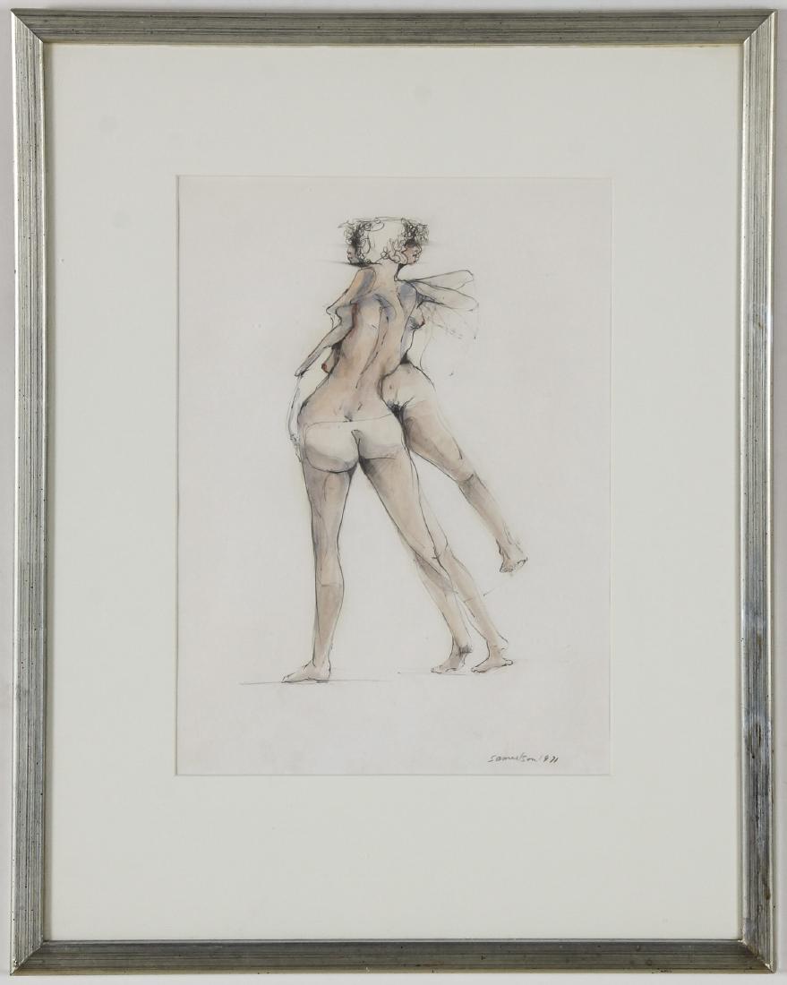 Bruce Samuelson (American, 20th c.) Nude, mixed media: Bruce Samuelson (American, 20th c.) Nude, mixed media drawing on paper, signed. Size: 15" x 11", 38 x 28 cm (sight); 24.25" x 19.25", 62 x 49 cm (frame).