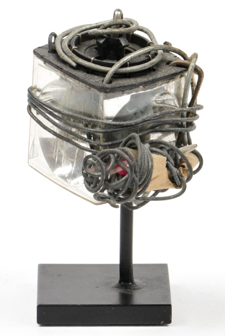 Philadelphia Wireman (20th c.) Sculpture (#574): Philadelphia Wireman (20th c.) Sculpture (#574), c. 1970's, wire with found objects. Size: 1.75'' x 1.75'' x 1.75'' (4 x 4 x 4 cm); 3" (8 cm) height with display stand. Provenance: Fleisher Ollman Gal