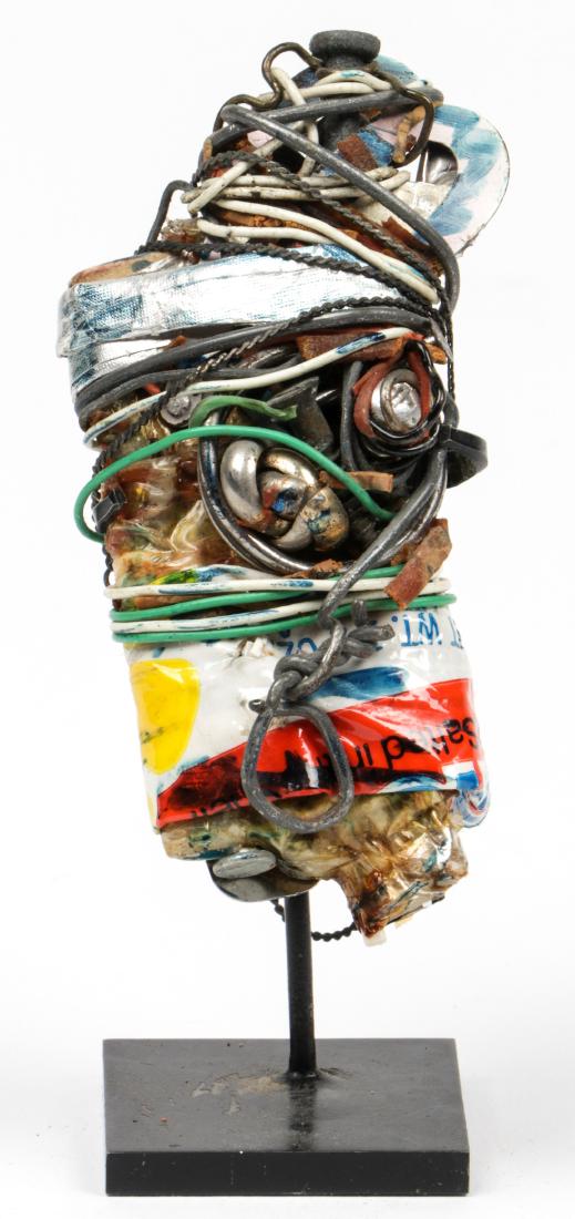 Philadelphia Wireman (20th c.) Sculpture (#130): Philadelphia Wireman (20th c.) Sculpture (#130), c. 1970's, wire with found objects. Size: 3.75'' x 2'' x 1.5'' (10 x 5 x 4 cm); 4.5" (11 cm) height with display stand. Provenance: Fleisher Ollman Gal