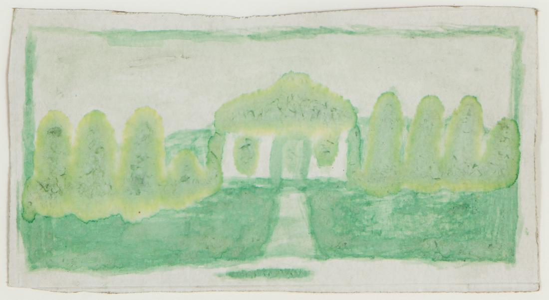 James Castle (1899-1977) Untitled (Green House with: James Castle (American, 1899-1977) Untitled (Green House with Trees), painting on found paper with colored pulp. Framed. Provenance: Fleisher Ollman Gallery, Philadelphia; Private Collection. Size: 4.