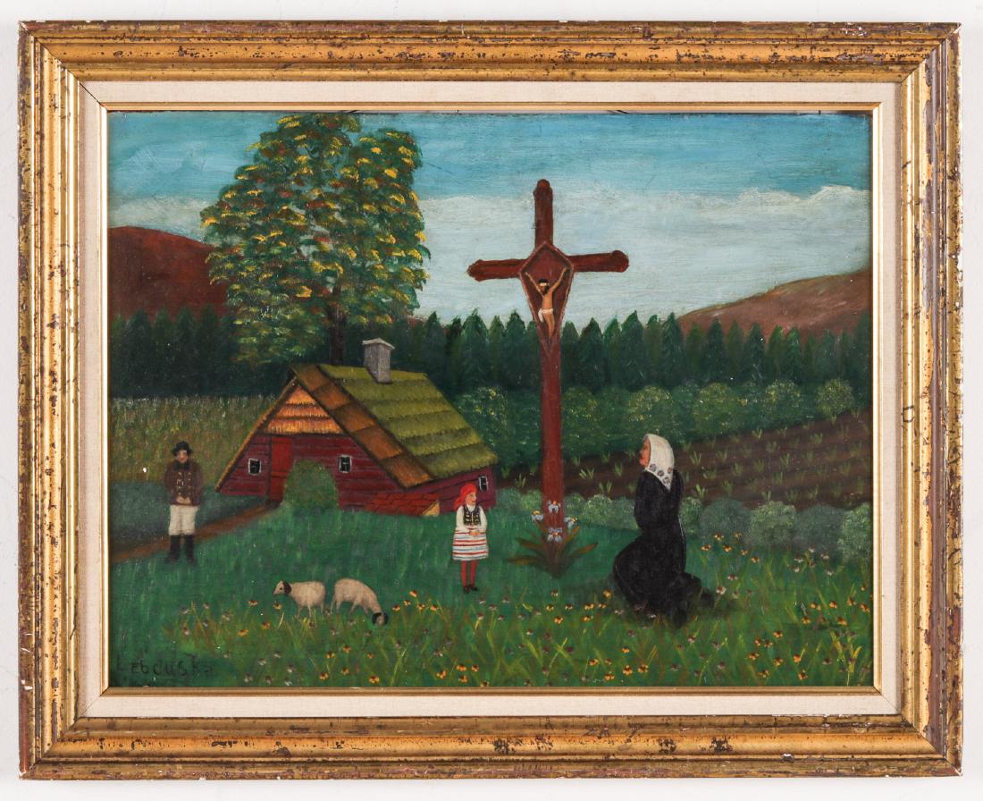 Lawrence Lebduska (1894-1966) "Moment of Prayer": Lawrence Lebduska (American, 1894-1966) "Moment of Prayer", oil painting on masonite, signed. Size: 14.25'' x 19.25'', 36 x 49 cm (board); 18.5'' x 23'', 47 x 58 cm (frame). Provenance: The Estate of 