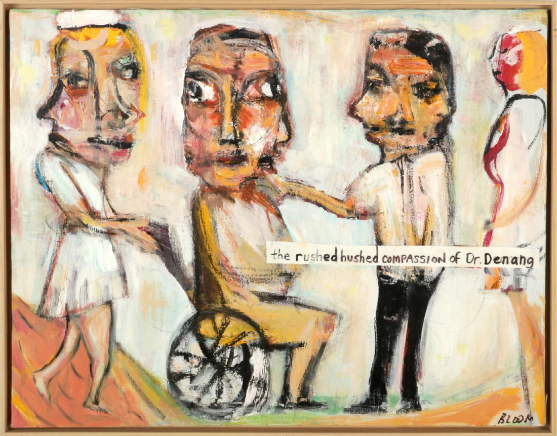 Jim Bloom (American, b. 1968) "The Rushed Hushed: Jim Bloom (American, b. 1968) "The Rushed Hushed Compassion of Dr. Denang", mixed media painting and collage on canvas. Framed. Size: 24'' x 30'', 61 x 76 cm (stretcher); 25'' x 31'', 64 x 79 cm (fram