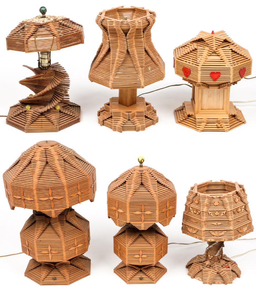 Collection of 6 Vintage Popsicle Folk Art Lamps: Collection of 6 Vintage Popsicle Folk Art Lamps . Largest size: 21''H x 13'' Diameter (53 x 33 cm).