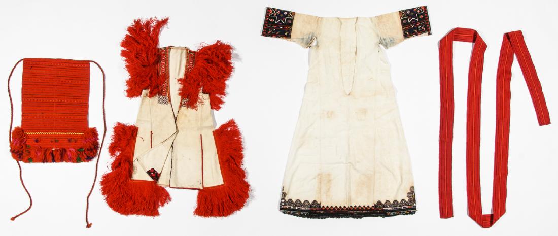 Mixed Lot of Greek/Macedonian Folk Clothing/Textiles: Mixed Lot of Greek/Macedonian Folk Clothing/Textiles, including dress, vest, apron and belt. Largest size: 44'' x 36'' (112 x 92 cm). International Textile Arts Auction, Live and Online: 10/29/17. Fol
