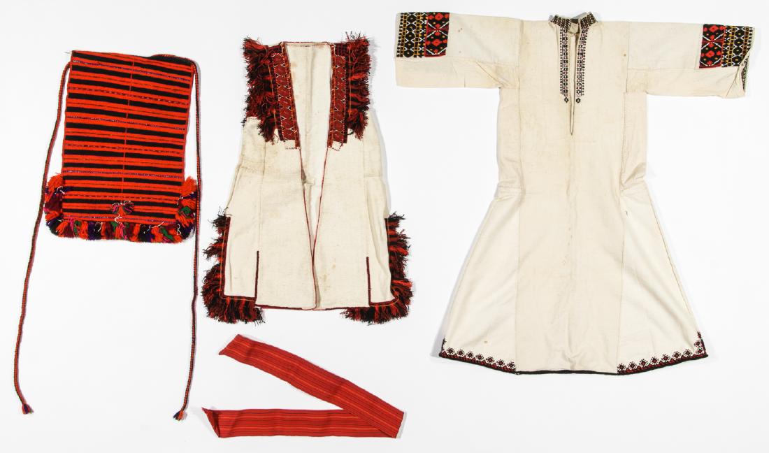 Mixed Lot of Greek/Macedonian Folk Clothing/Textiles: Mixed Lot of Greek/Macedonian Folk Clothing/Textiles, including dress, vest, apron and belt. Largest size: 44'' x 43'' (111 x 110 cm). International Textile Arts Auction, Live and Online: 10/29/17. Fo