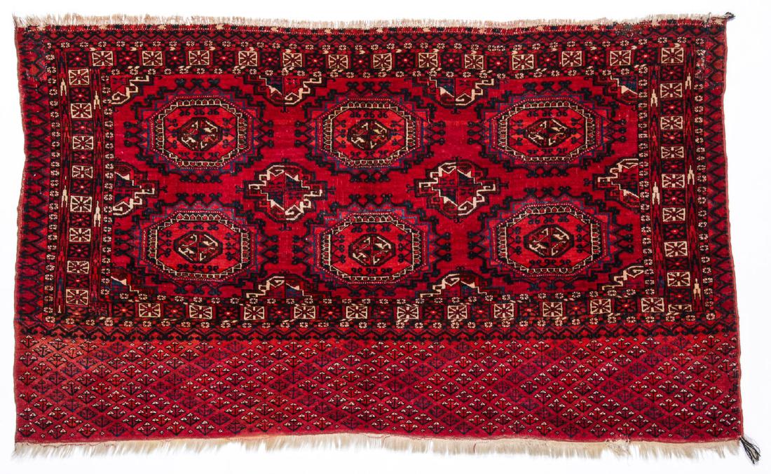 Antique Turkmen Chuval Rug: 4'6'' x 2'9'': Antique Turkmen Chuval Rug, Turkmenistan: 4'6'' x 2'9'' (137 x 84 cm). The Great Cyber Monday No Reserve Rug Auction! No Hidden or Confidential Reserves. Bids Accepted at the Online START PRICE.