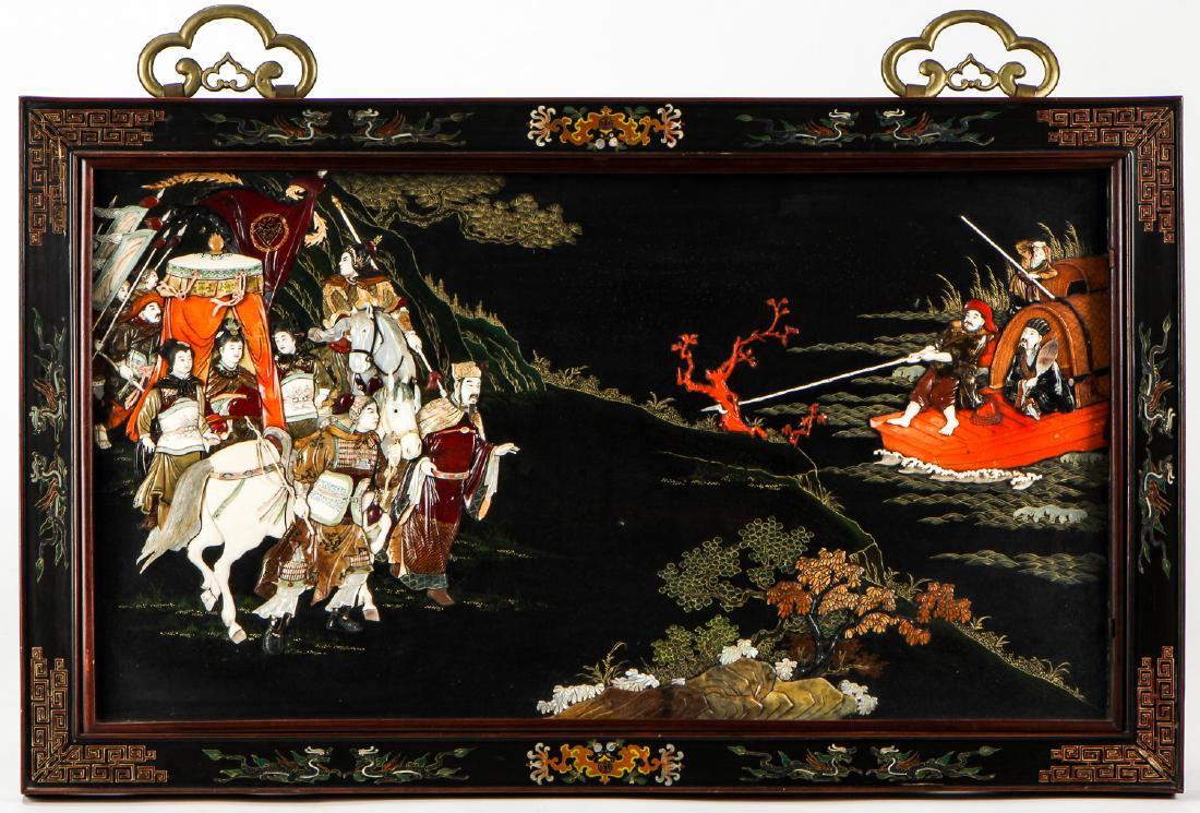 Chinese Inlaid Stone Picture of a Court Procession: Chinese Inlaid Stone Picture of a Court Procession and Water Scene, with mother-of-pearl, chalcedony, marble and other semi-precious stones, the whole highlighted with paint and lacquer decoration. Pr