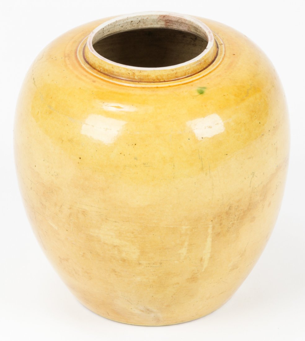 Chinese Yellow Glaze Porcelain Jar: Chinese Yellow Glaze Porcelain Jar. Size: 8.25'' H x 8'' Diameter (21 x 20 cm). Provenance: Private Pennsylvania Collection, by inheritance (1962) from the estate of Archie Walker, son of Thomas Barlo
