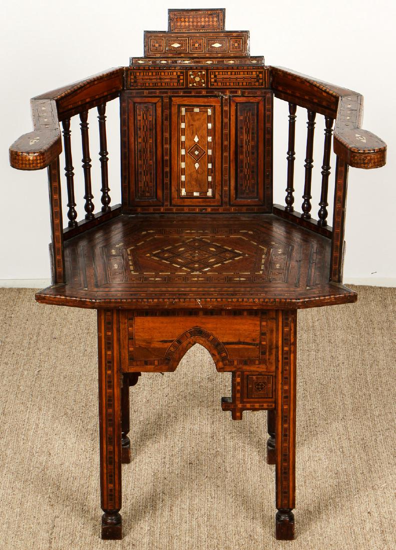 Antique Syrian Inlaid Wood Chair: Antique Syrian Inlaid Wood Chair. Size: 32'' x 23'' x 20'' (81 x 58 x 51 cm).