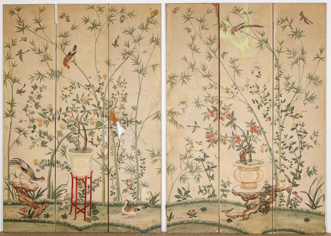 Two 3-Panel Sets of Antique Chinoiserie Oil Paintings: Two 3-Panel Sets of Antique Chinoiserie Oil Paintings of bamboo trees, flowers and birds. Oil on Canvas. Size: 128'' x 93'' x 2'', 325 x 236 x 5 cm (overall).