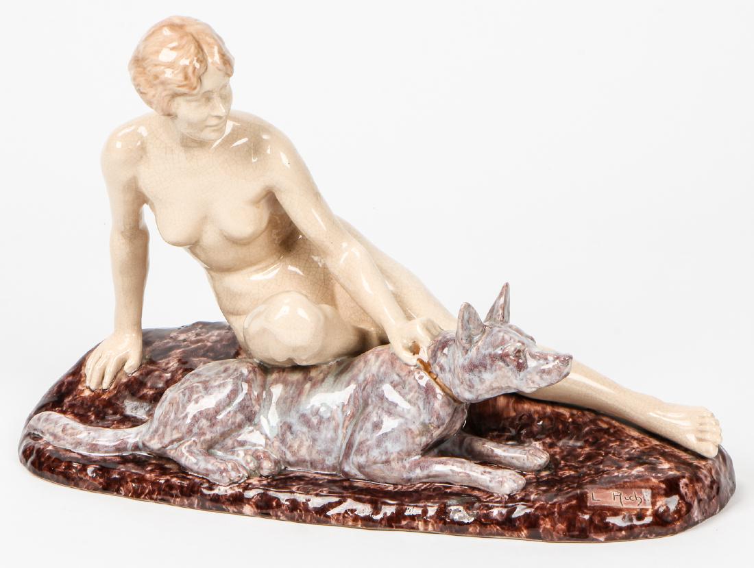 Louis Riche Art Deco Ceramic Sculpture: Louis Riche Ceramic Sculpture: Art Deco Nude Lady with German Shepherd, signed. Size: 14'' x 22'' (36 x 56 cm). Provenance: Ex. Michael Lawrence Collection, Philadelphia, PA; Private Collection.