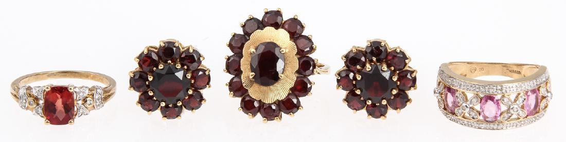 Estate Jewelry Lot (5 Pieces): Estate Jewelry Lot (5 Pieces): 1) Gold Ring, marked 10K China (2.7 g). Size: 8; 2+3) Pair of Italian 18kt. yellow gold and Garnet Clip Earrings by Colasanti, Roma, marked 750 (12 g); 4) Italian 18kt. 