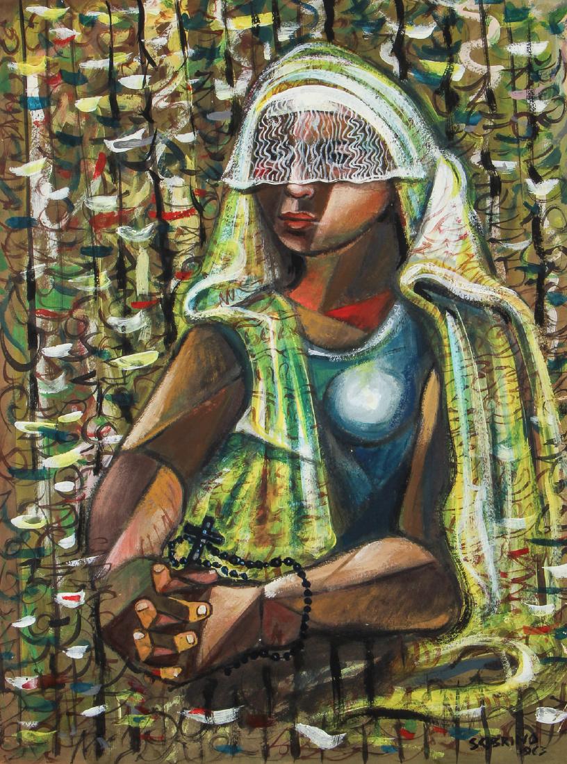 Carlos Sobrino (Cuban, 20th c) Veiled Woman, 1963: Carlos Sobrino (Cuban, 20th c) Veiled Woman, 1963, gouache on board, signed and dated. Unframed. Size: 22.5'' x 17'', 57 x 43 cm (board). Provenance: Ex. Michael Lawrence Collection, Philadelphia, PA;