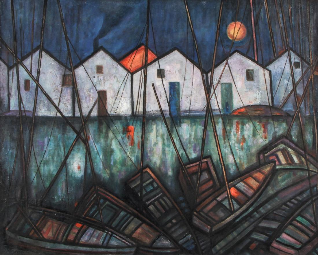 Jose Maria Mijares (Cuban, 1921-2004) Boats at Night: Jose Maria Mijares (Cuban, 1921-2004) Boats at Night, oil painting on unstretched canvas, signed and dated 1946. Size: 27.25'' x 33.25'', 69 x 84 cm (unstretched canvas). Provenance: Ex. Michael Lawre