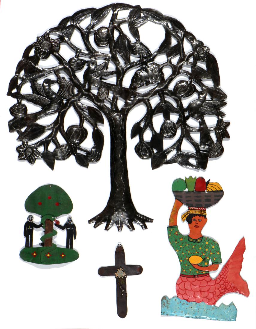 Collection of 4 Haitian Metal Cutouts: Collection of 4 Haitian Metal Cutouts: a Tree, Adam and Eve, Mermaid with Fruit and a Cross. Ranging in size from: 7.5'' x 4.5'' (19 x 11 cm) to 23.25'' x 22.5'' (59 x 57 cm).