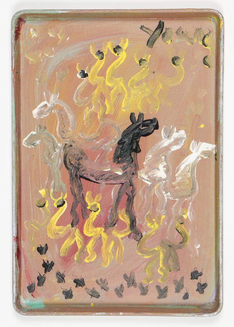 Purvis Young (1943-2010) "Twilight Horses": Purvis Young (American, 1943-2010) "Twilight Horses", c. 2000, painting on found metal tray, signed. Size: 26'' x 18'' x 1'' (66 x 46 x 3 cm).
