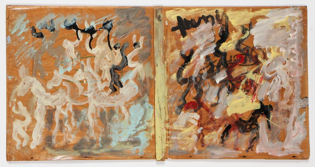 Purvis Young (1943-2010) Painting: Purvis Young (American, 1943-2010) "Horses and Dancers", c. 2000, painting on found board, signed. Size: 15'' x 30'' (38 x 76 cm).