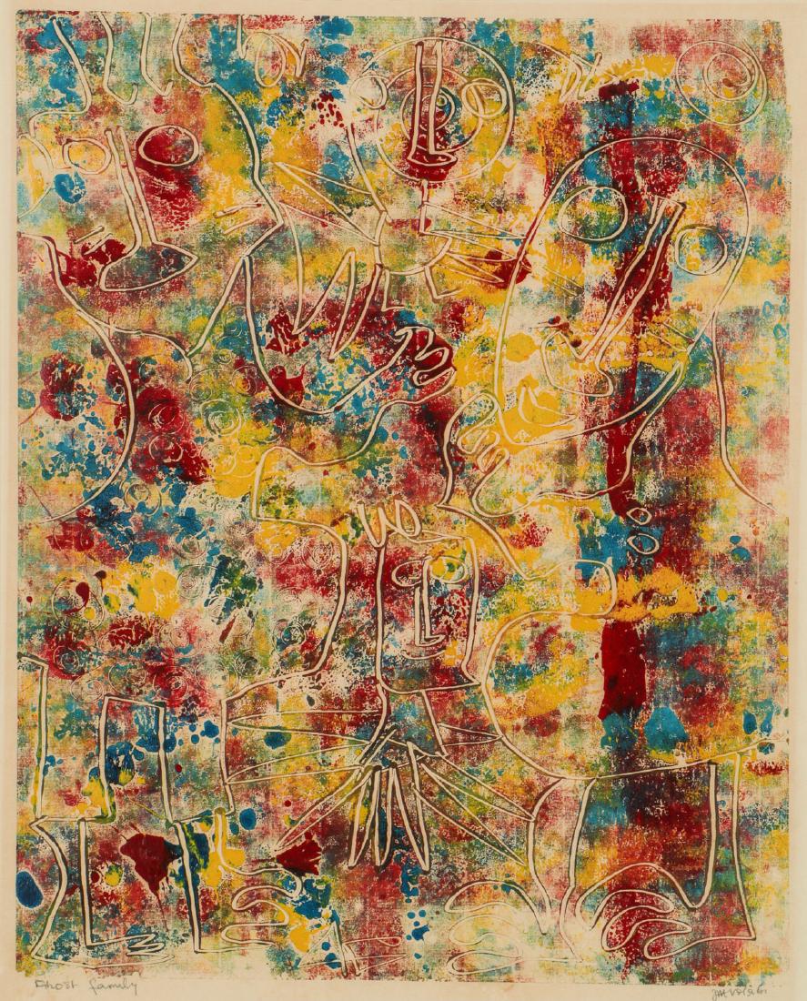 Jacob Afolabi (Nigerian, b. 1940) "Ghost Family": Jacob Afolabi (Nigerian, b. 1940) "Ghost Family", color monoprint on paper, titled and signed. Framed. Size: 20.5'' x 16.5'', 52 x 42 cm (sight); 27.75'' x 22.75'', 70 x 58 cm (frame).