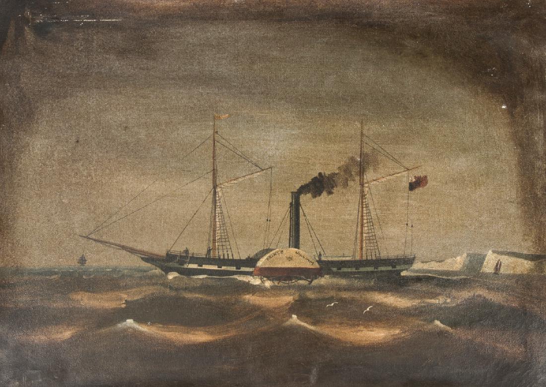 Antique Paddle Ship Oil Painting: Antique 19th c. Maritime, Nautical Painting, a Seascape with Paddle Steamer Ship 'Prince William' in choppy seas, oil painting on unstretched canvas, signed, in the manner of John Hughes (British, 180