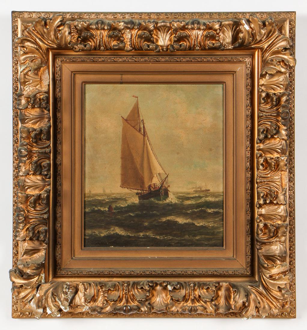 Wesley Webster (American, 19th c.) Seascape: Wesley Webster (American, 19th c.) Seascape, Maritime, nautical theme oil painting on canvas, signed, in a period frame. Provenance: Henry Schultheis Company, NY (label on verso); Private Philadelphia