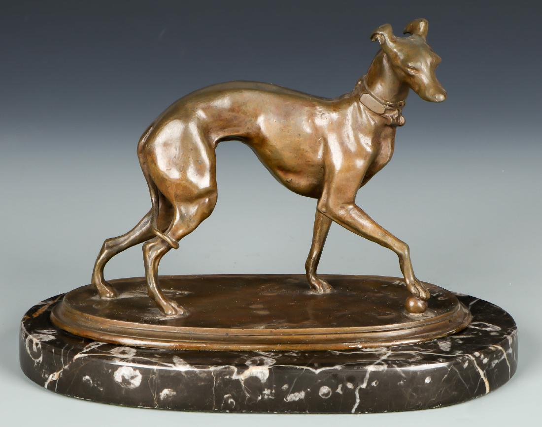 After Pierre-Jules Mene (1810-1879) Bronze Sculpture: After Pierre-Jules Mene (French, 1810-1879) Bronze Sculpture of a Greyhound with Ball, signed, on marble plinth. Size: 7" x 5.75" x 10", 18 x 15 x 25 cm; 6" x 4.25" x 8.5", 15 x 11 x 22 cm (bronze). P