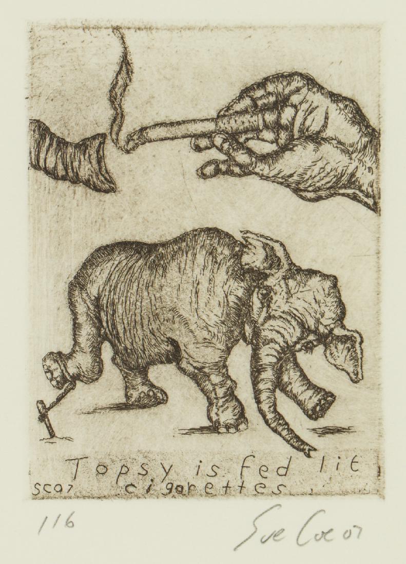 Sue Coe (British, b. 1951) "Topsy is fed lit: Sue Coe (British, b. 1951) "Topsy is fed lit Cigarettes", 2007, engraving, numbered "116", signed and dated. Framed. Size: 3.75'' x 2.75'', 10 x 7 cm (plate); 14'' x 10'', 36 x 25 cm (frame). Estate o