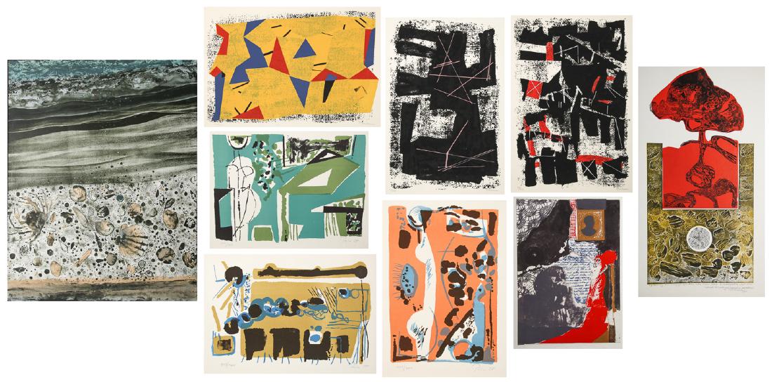 9 Works by Various Artists: 9 Works by Various Artists: 1) Robert Burkert, Sea Edge, color lithograph, 31/50, 1970. Size: 25.5'' x 20'', 65 x 51 cm (sheet); 2) Tadeusz Lapinski (Poland), Mother Nature, color lithograph, artists