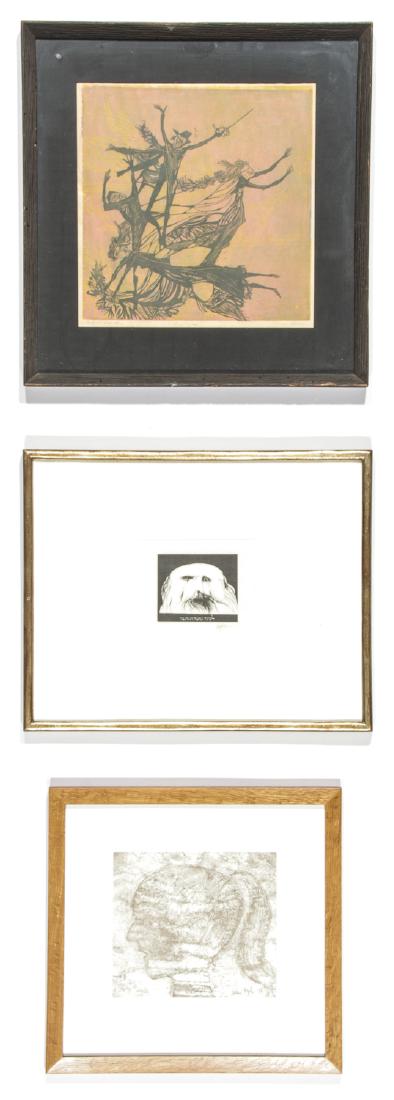 3 Works by Various Printmakers: Baskin, Landau and: 3 Works by Various Printmakers: 1) Leonard Baskin (American, 1922-2000) "Lashan Tova", c. 1980, lithograph, signed. Framed; 2) Jacob Landau (American, 1917-2001) "Much ado about Nothing", woodblock pr
