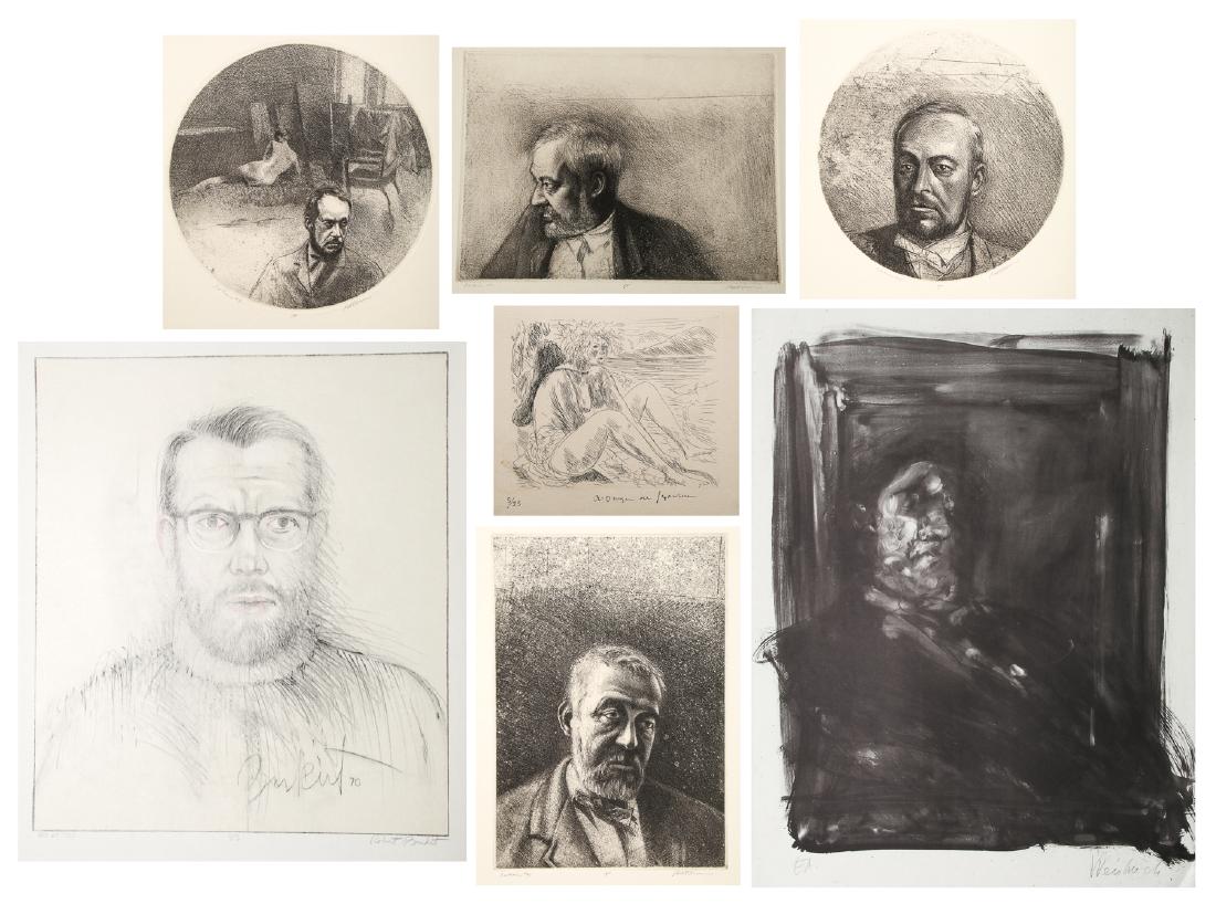 7 Works by Various Printmakers: 7 Works by Various Printmakers: 1) Robert Burkert, Self-Portrait, 39 at 70, experimental pencil drawn serigraph, 1/5. Illustrated in Fritz Eichenberg, Art of the Print; 31'' x 24.5'', 79 x 62 cm (shee