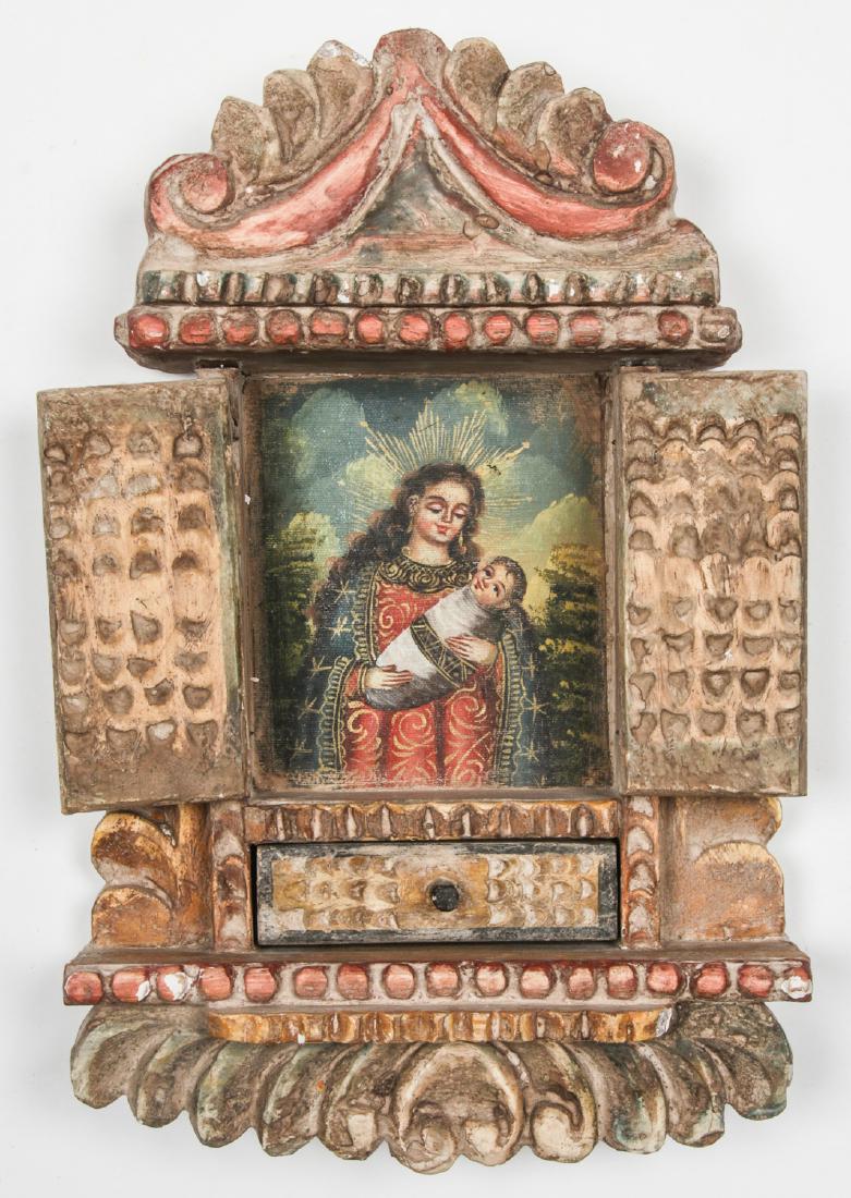 Old Cuzco School Painting of Madonna Cradling Baby: Old Cuzco School Painting of Madonna Cradling Baby Jesus, Peru. Madonna in teal and red holding child in white wrap with black band in cabinet w drawer. Size: 13'' x 8.5'' x 2.5'' (33 x 22 x 6 cm).