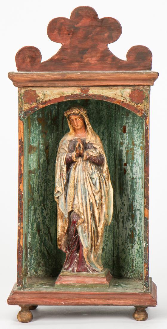Old Carved Wood Statue of Virgin Mary: Old Carved Wood Statue of Virgin Mary Standing In Creche. Size: 19'' x 9'' x 6'' (48 x 23 x 15 cm).