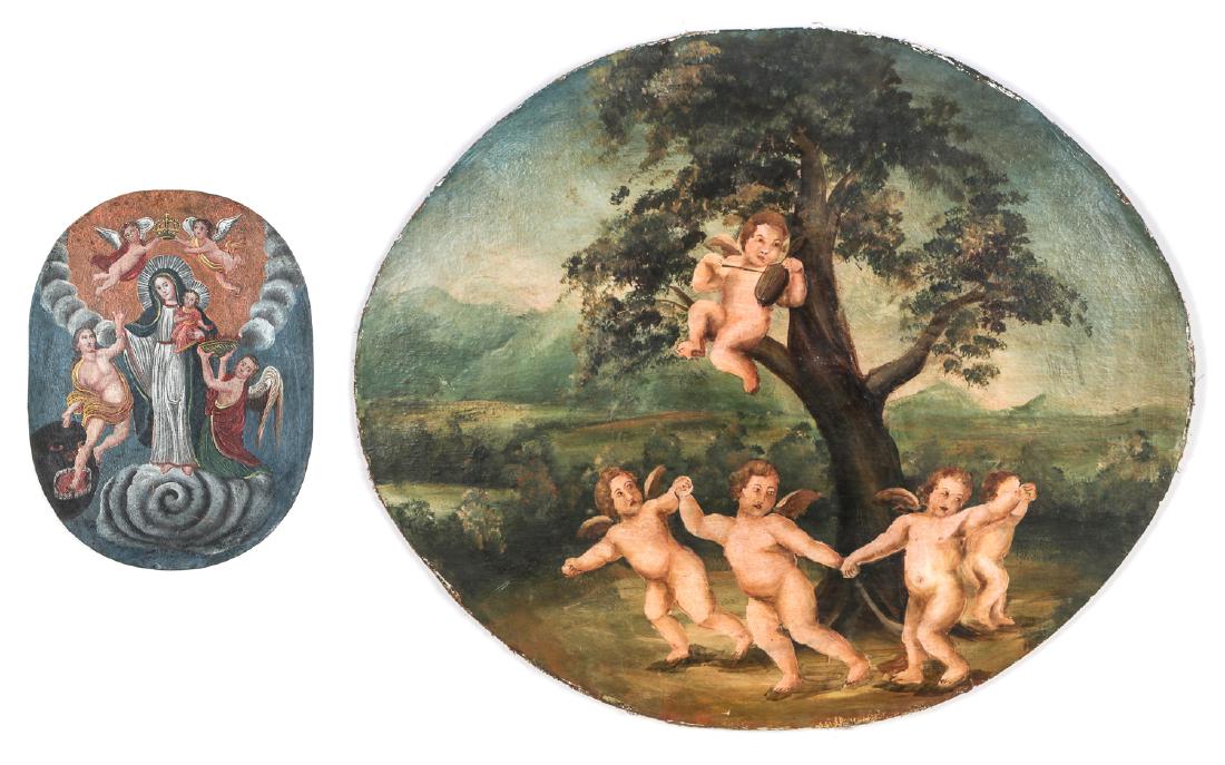 2 Antique Spanish Colonial Style Paintings: 2 Antique Spanish Colonial Style Paintings: 1) Retablo, oil painting on metal, depicting Madonna and Child surrounded by Angels. Size: 13.75'' x 10.25'', 35 x 26 cm (metal sheet); 2) Landscape Paintin