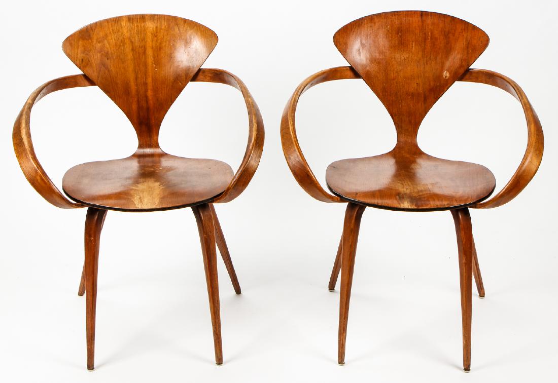 Pair of Period Plycraft Walnut Pretzel Armchairs: 2 Walnut Pretzel Armchairs designed by "Bernardo" and manufactured by Plycraft, Inc., Lawrence Mass. Labeled. Estate of Cy and Lois Swartz, Philadelphia. Each Size: 31.5'' x 25.5'' x 20.5'' (80 x 65 x