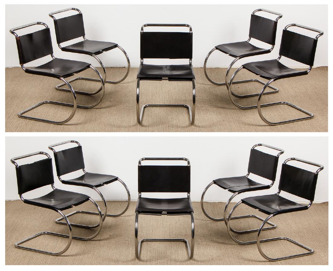 10 Vintage Knoll Dining Chairs, Mies van der Rohe: 10 Vintage Knoll MR Dining Chairs, designed by Mies van der Rohe. Each with polished chrome frame and rare black brown leather seats. Each Size: 31.5'' x 18.5'' x 26'' (80 x 47 x 66 cm).
