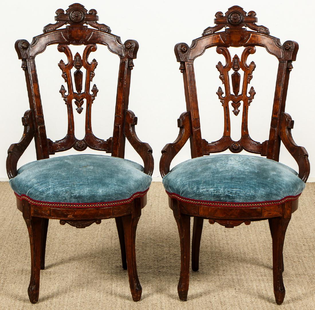 Pair of Antique Inlaid Wood Chairs: Pair of Antique Inlaid Wood Chairs. Each size: 38'' x 20'' x 20'' (97 x 51 x 51 cm). Estate of Cy and Lois Swartz, Philadelphia.