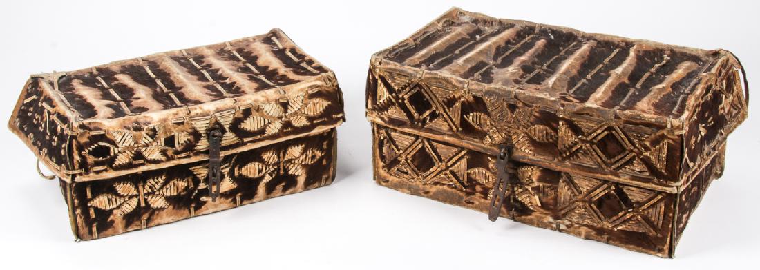 2 19th c. South American Hide Chest: 2 Rare Late 19th Century South American (Bolivian) Pettacas. Cow Skin Chests made entirely from hide with iron hardware. Such boxes were used in southern South American to store things such as food an