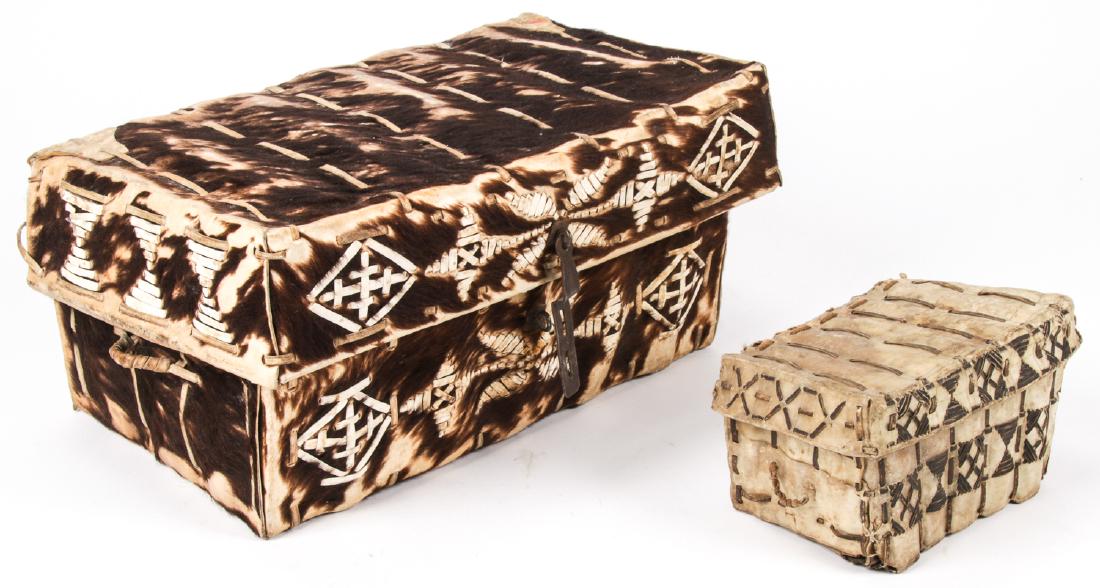 2 19th C. South American Hide Chests: 2 Rare Late 19th Century South American (Bolivian) Pettacas. Cow Skin Chests made entirely from hide with iron hardware. Such boxes were used in southern South American to store things such as food an