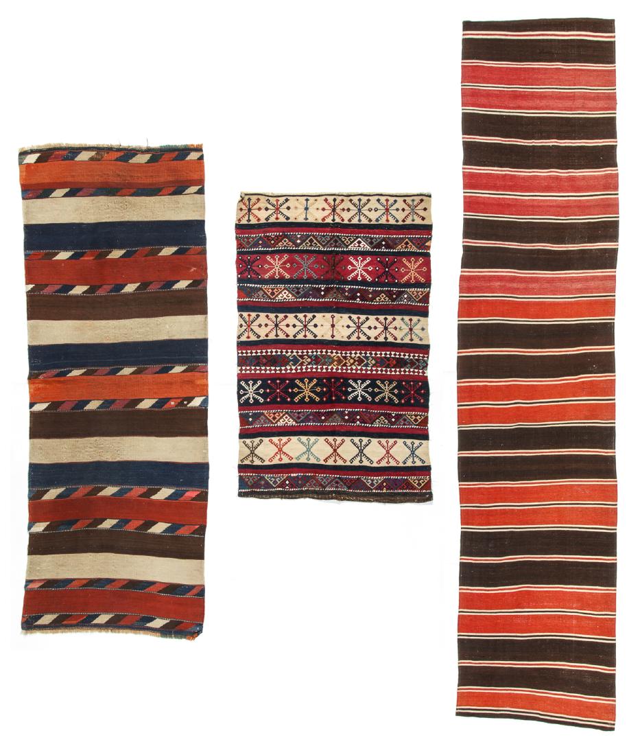 3 Antique Caucasian and Turkish Kilims: 3 Antique Caucasian and Turkish Kilims. Ranging in size from: 2'7'' x 4' (79 x 122 cm) to 2'1'' x 9'3'' (64 x 282 cm).