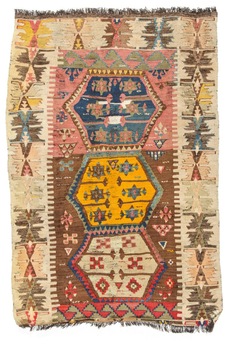 Antique Turkish Kilim: 3'7'' x 5'3'' (109 x 160 cm): Antique Turkish Kilim, Turkey: 3'7'' x 5'3'' (109 x 160 cm). Estate of Cy and Lois Swartz, Philadelphia.