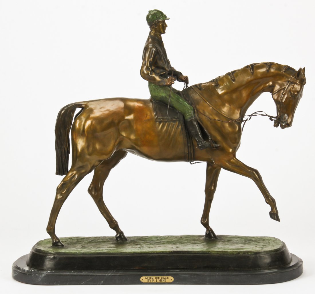 After Pierre Jules Mene (1810-1879): After Pierre Jules Mene (1810-1879) Bronze Horse and Rider. After the Race. Size: 28.25'' x 10.5'' x 31'' (72 x 27 x 79 cm).