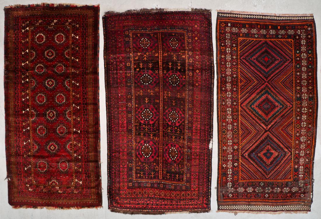 3 Semi-Antique Afghan Beluch Rugs, Early 20th C: 3 Semi-Antique Afghan Beluch Rugs, Early 20th C. Wear, losses. Largest size: 9'9" x 4'8" (297 x 142 cm).