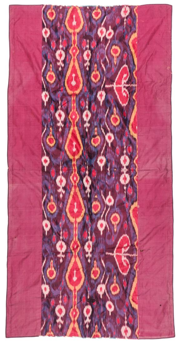 Antique Uzbek Silk Ikat: Antique Uzbek Silk Ikat. Complete Size, including textile surround: 78'' x 38'' (198 x 97 cm).