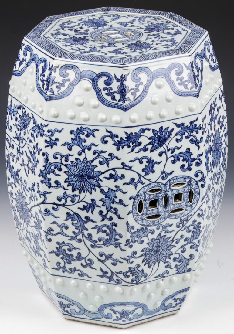 Fine Chinese Blue and White Garden Stool: Fine Chinese Blue and White Garden Stool. Size: 18.5''H x 12.5''D (47 x 32 cm). Provenance: Estate of Haim and Rachel Shalom, Port Washington, NY.