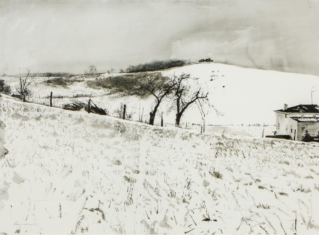Andrew Wyeth (1917-2009) "Fence Line" Collotype: Andrew Wyeth (American, 1917-2009) "Fence Line", Collotype, number 51 of a limited edition of 300 authorized by the artist. Certificate of authenticity affixed verso. Size: 25'' x 33'', 64 x 84 cm (si