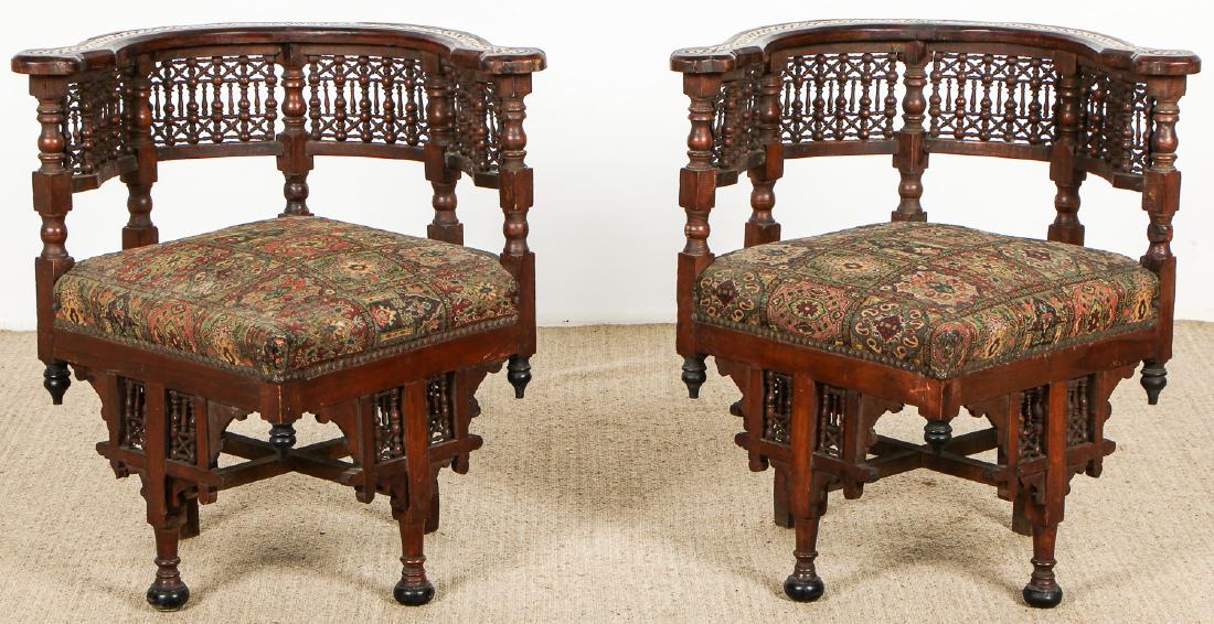 Pair of Old Syrian Wood and Inlay Round Back Chairs: Pair of Old Syrian Wood and Inlay Round Back Chairs. Each size: 29'' x 29'' x 29'' (74 x 74 x 74 cm).
