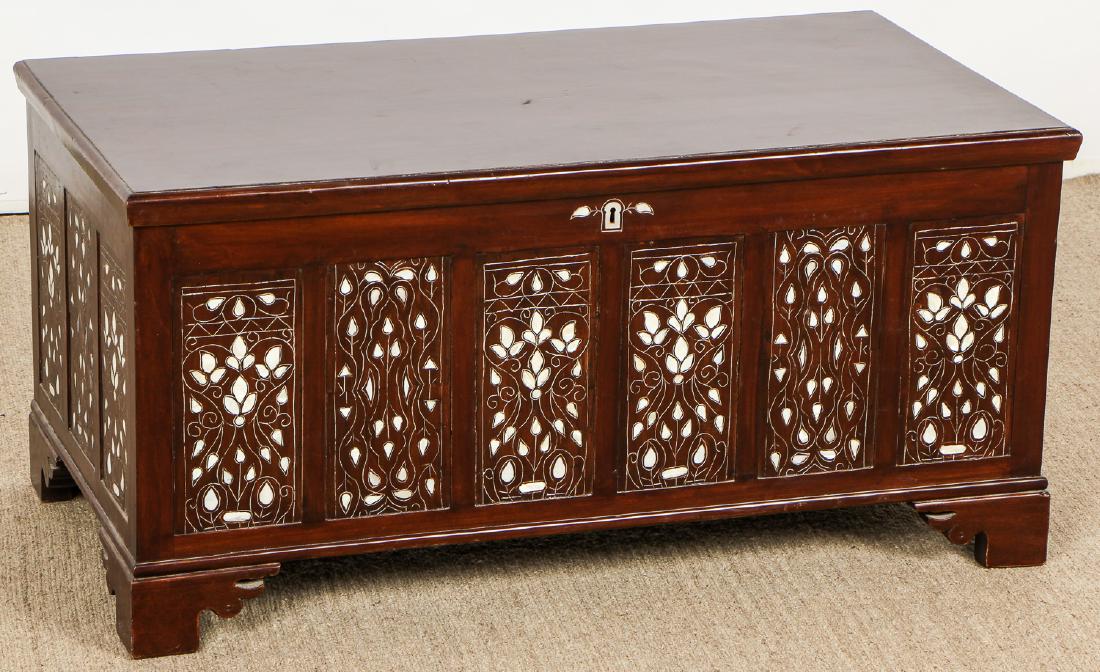 Old Syrian Wood and Inlay Blanket Chest: Old Syrian Wood and Inlay Blanket Chest. Size: 19'' x 39'' x 20'' (48 x 99 x 51 cm).