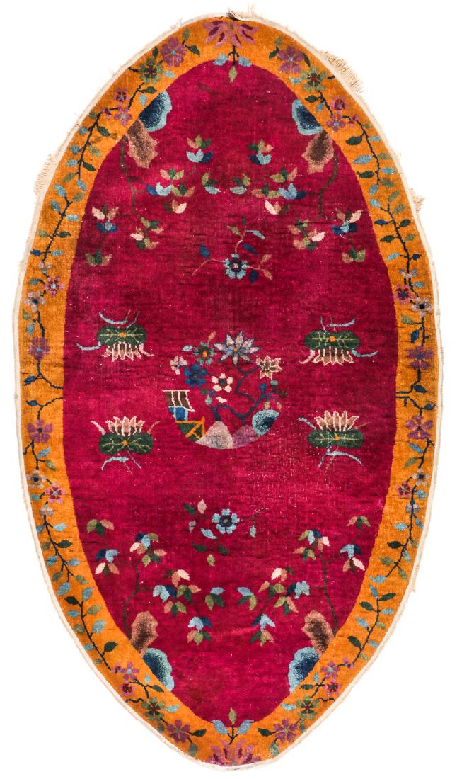 Art Deco Oval Rug, China, Early 20th c: 3'9'' x 6'8'': Antique Art Deco Oval Rug, China: 3'9'' x 6'8'' (114 x 203 cm).