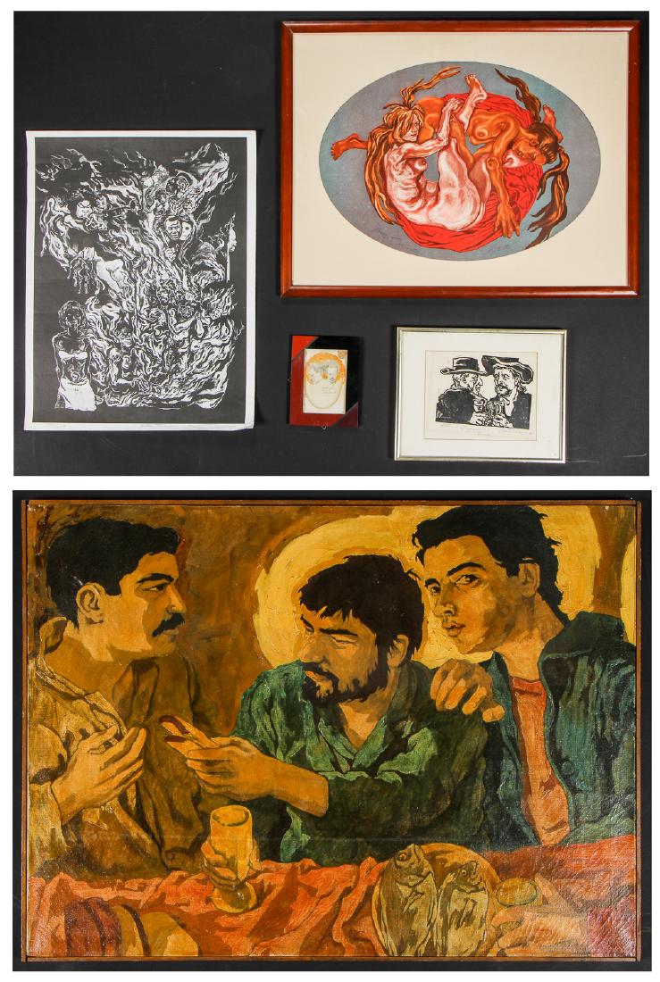 Tiberino Family (Philadelphia, 20th c.) 5 Works: Tiberino Family (American/Philadelphia, 20th c.) 5 Works: 1) Ellen Powell Tiberino "Portrait of the Artist Earl Wilke, 1974, graphite and watercolor on paper, signed; 2) Joe Tiberino "Picasso and Tibe